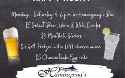 🍻Join us in Hemingway’s bar area tonight from 4-6pm for Happy Hour!🍻
$5 select beer, wine & well drinks!🍷
&
$5 savory snacks!🥨