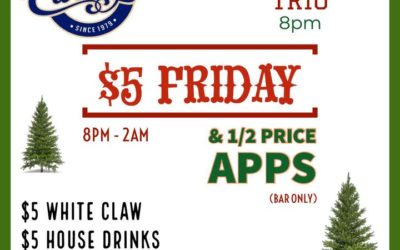 T G I F🥂

$5 FRIDAY & 1/2 PRICE APPS kicks off tonight!
8pm-2am 
(bar only)

LIVE MUSIC
The Rockets Trio 8pm