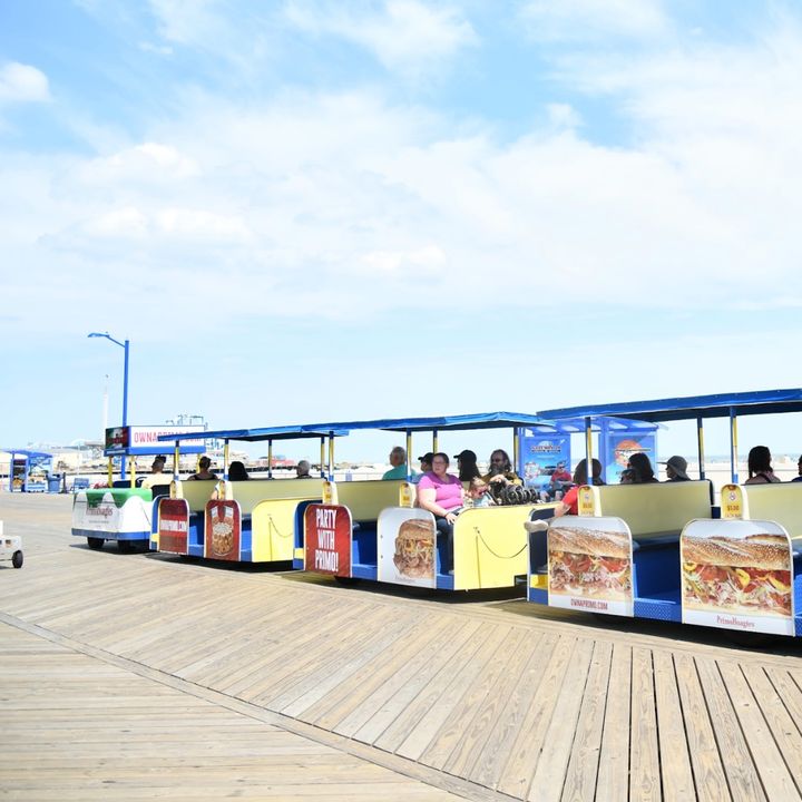 The worldfamous Wildwoods Boardwalk Sightseer Tram Cars are rolling